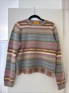Neutral Multicolor Fringe Knit Crewneck Sweater
